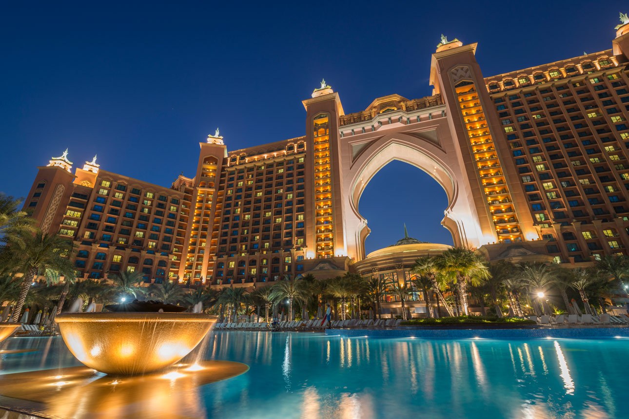 Atlantis The Palm lit up at night